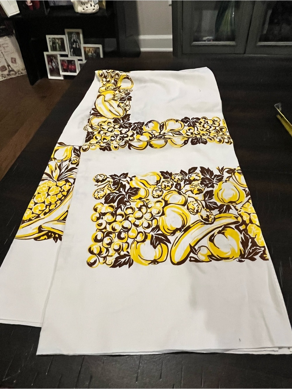 Vintage Fruit-Print Tablecloth in White and Yellow Fruit Mid Century Modern Farm